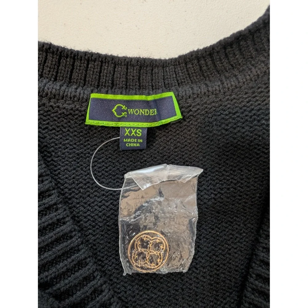 C Wonder Black Cable Knit Studded Cardigan Sweater XXS Gold Buttons Pockets - Picture 11 of 13